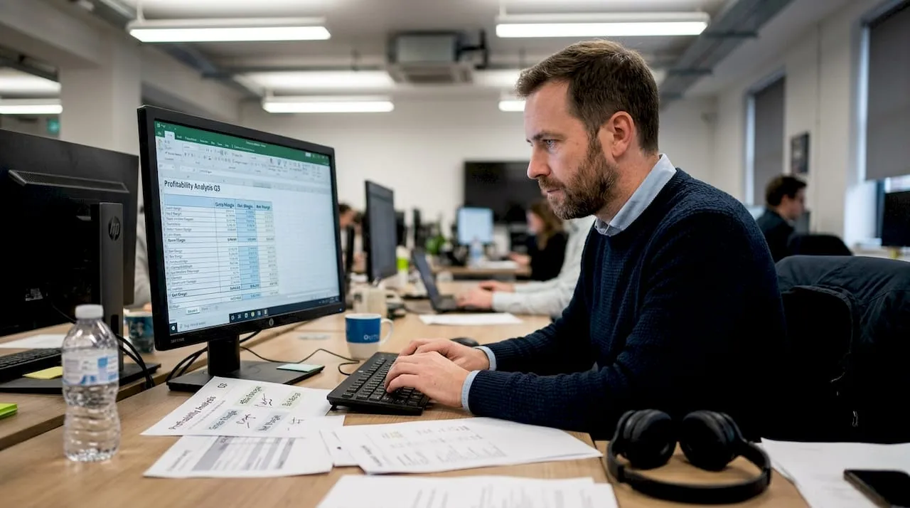Bookkeeper working out the key financial indicator, gross profit margin