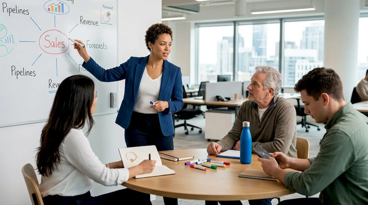 Team discusses sales strategy at whiteboard