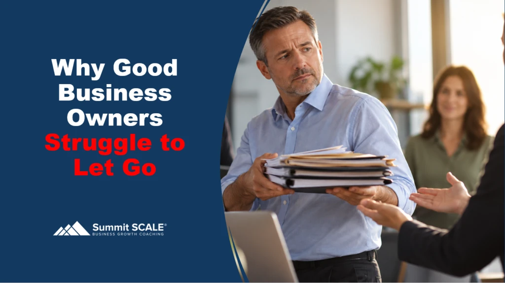 Business owner hesitating to hand over responsibility to a team member, illustrating the challenge of delegation and owner dependency.