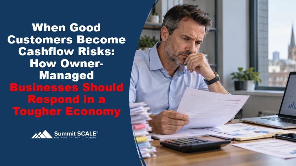 Owner-manager reviewing late payments, customer concentration and cashflow risk in a tougher economy